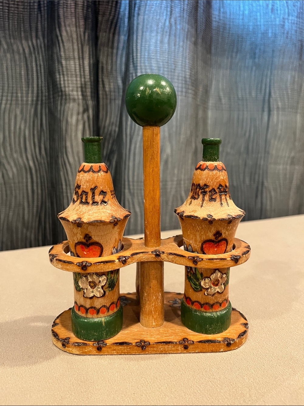 Mayr & Fessler Hand Painted Wooden Salt & Pepper Shaker, Toothpick Set